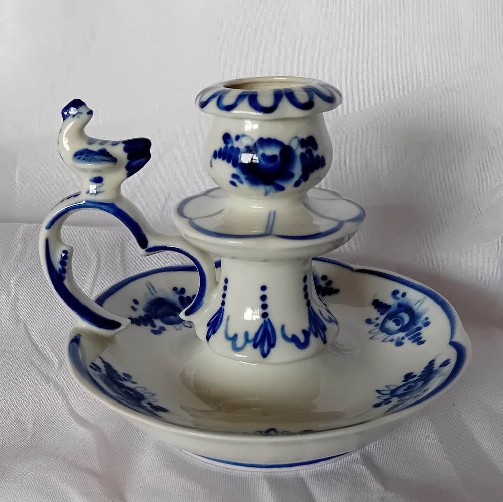 Vintage Gzhel Hand Painted Blue and White Ceramic Chamber Candle Holder